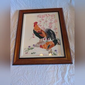 2/90$ Vintage Hand Stitched Crewel Embroidery Rooster with Brown Frame